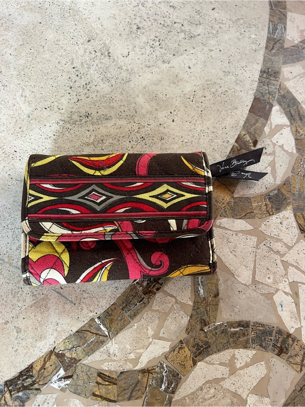 Vera Bradley Brown Wallet with Pink and Yellow Floral Swirls